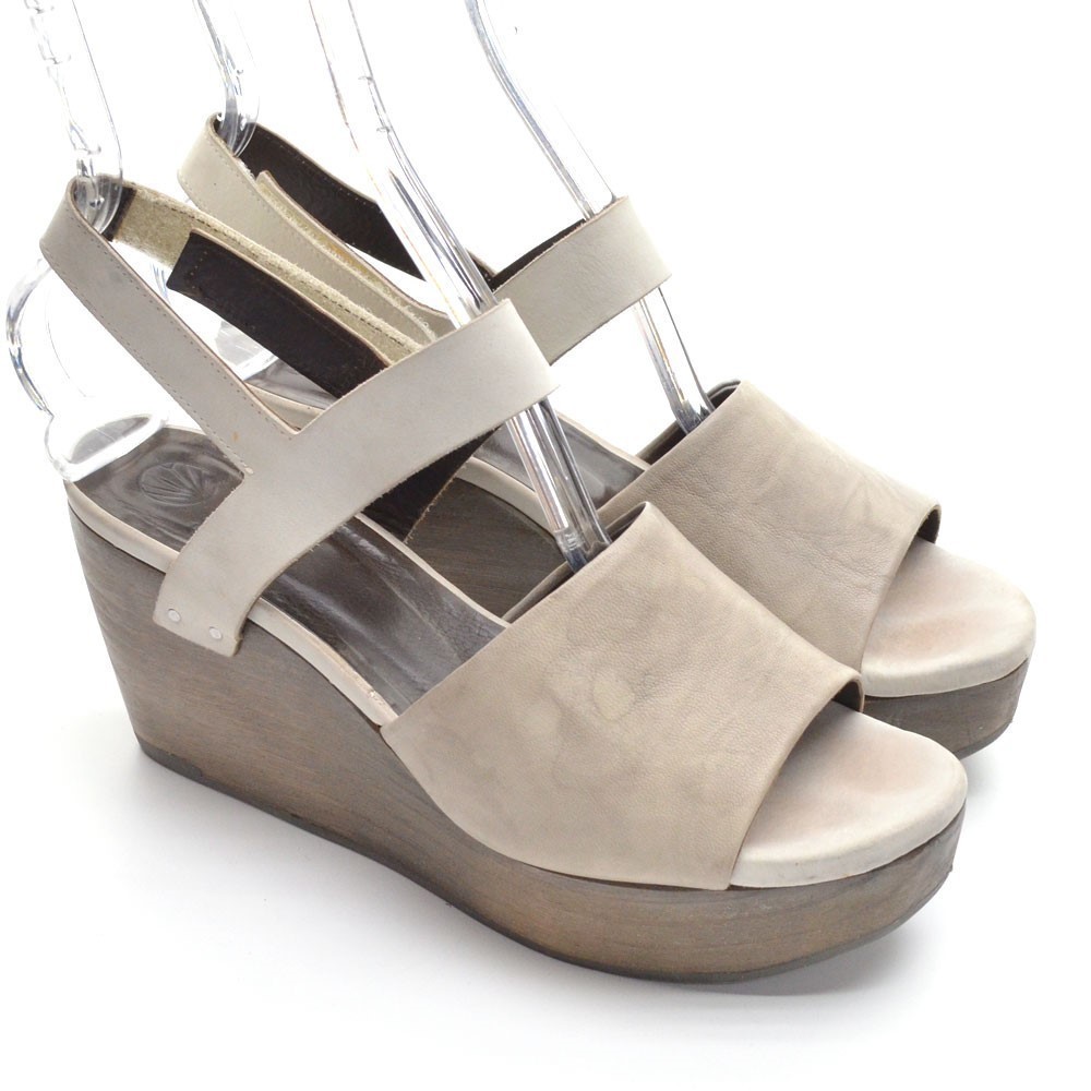 Coclico Gray Leather Modern Wooden Platform Sandals 37